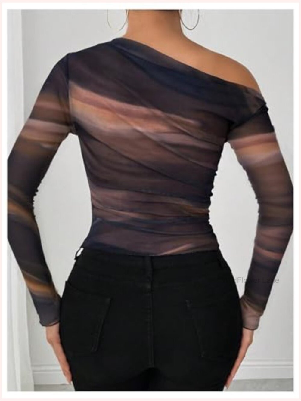 Asymmetric Off The Shoulder Long Sleeve Mesh Top - Picture 2 of 5